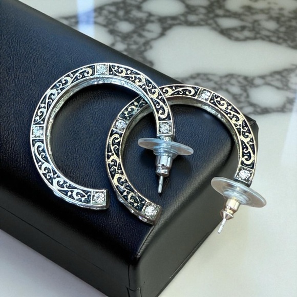 Elegant Black and Gold Tone Rhinestone Hoop Earrings. - Picture 2 of 8